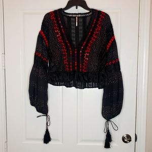 Free People embroidery and lace bell sleeve crop blouse, black and red, XS